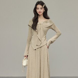 韩版 女春秋穿搭氛围感长裙两件套 不规则大翻领上衣套装