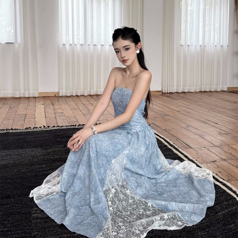 法式复古度假风提花抹胸吊带连衣裙女夏装绝美拼接小个子a字长裙