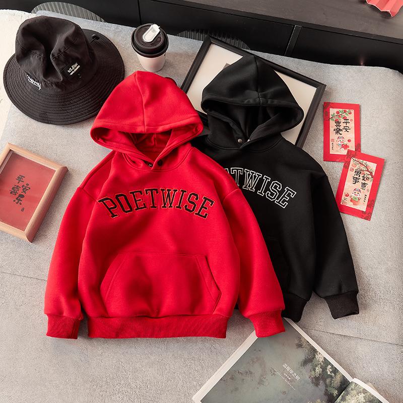 男女童加绒秋冬男童新年红色卫衣洋气2025新款儿童连帽时髦上衣潮