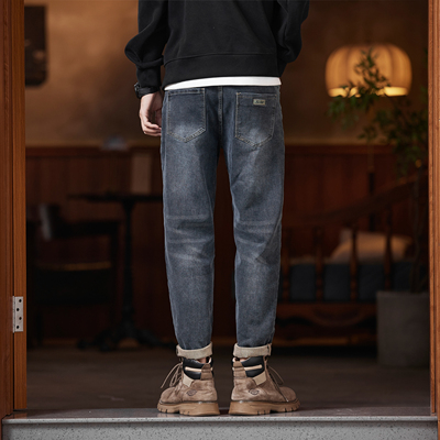秋冬加绒牛仔裤男士2025秋季新款宽松直筒锥形潮牌休闲小脚裤子男