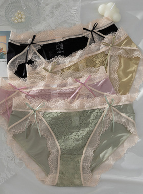 5色提花蕾丝女士内裤高开叉冰丝双蝴蝶结性感中低腰包臀女三角裤