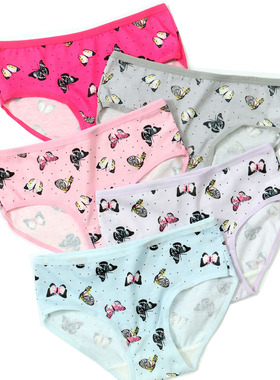 5条装女童三角内裤卡通蝴蝶印花儿童宝宝棉底裤 粉灰紫蓝玫2-10岁