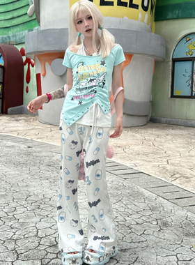 叁毒原创 亚文化夏季萌妹不规则假两件修身挂脖一字露肩短袖t恤