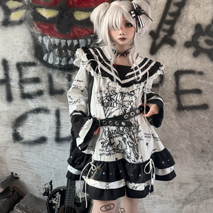 叁毒原创日系jk水手服春秋款 暗黑亚文化辣妹小众设计海军领连衣裙