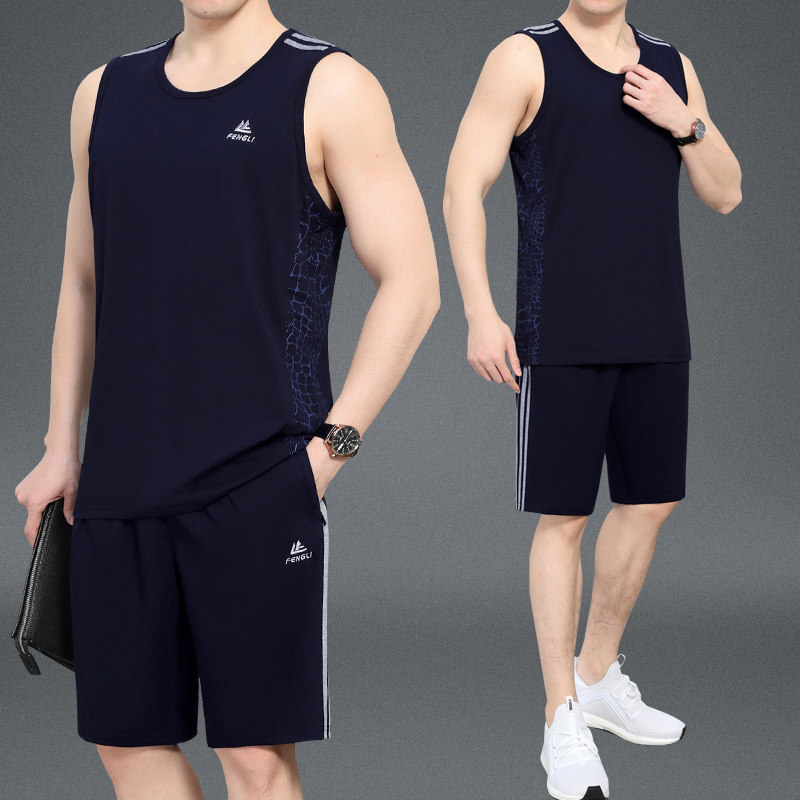 夏季中年男士父亲装薄款棉无袖背心短裤大码两件套跑步运动服套装