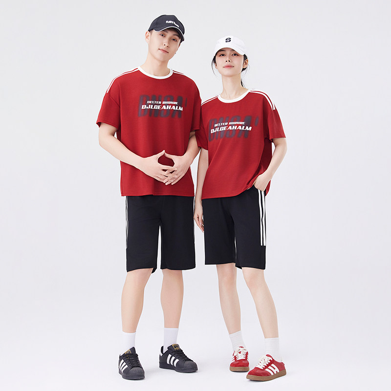 2026夏天季新品团体男士圆领短袖体恤短裤大码情侣跑步运动服套装