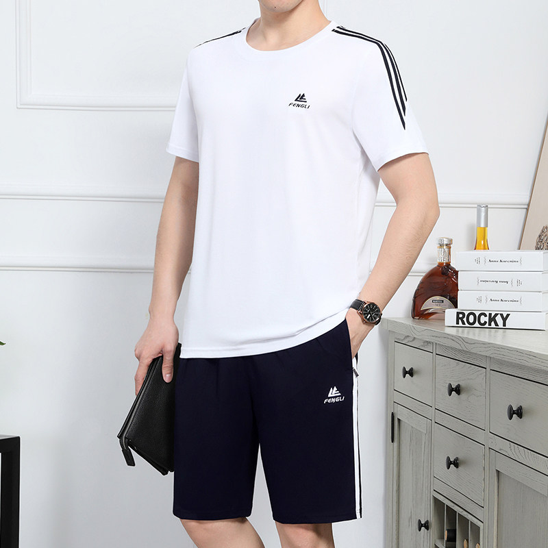夏季中年男士父亲装圆领短袖短裤棉两件套大码跑步休闲运动服套装