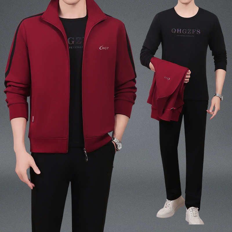 正品春秋款中老年男士父亲爸爸装三件套开衫棉大码跑步运动服套装