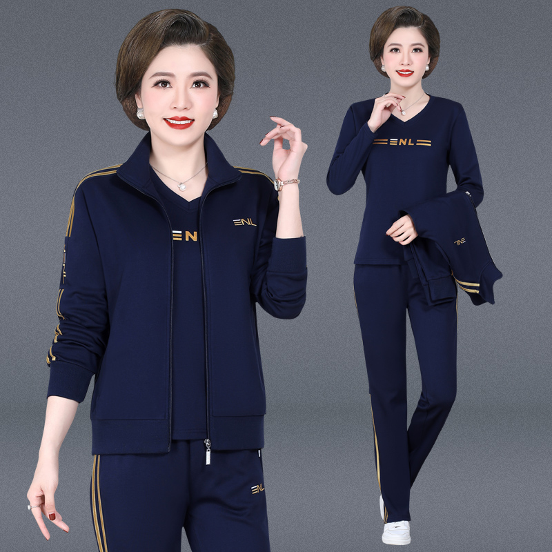 中老年胖女士妈妈装春秋款长袖开衫大码团体三件套卫衣运动服套装