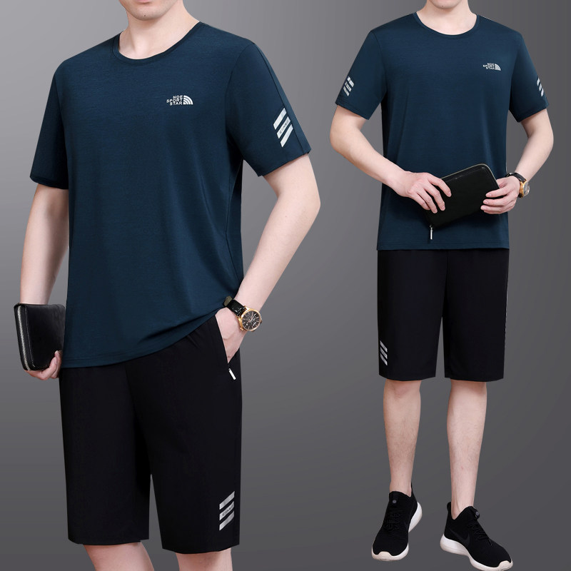 夏季中年男士爸爸装薄款冰丝圆领短袖短裤大码跑步休闲运动服套装