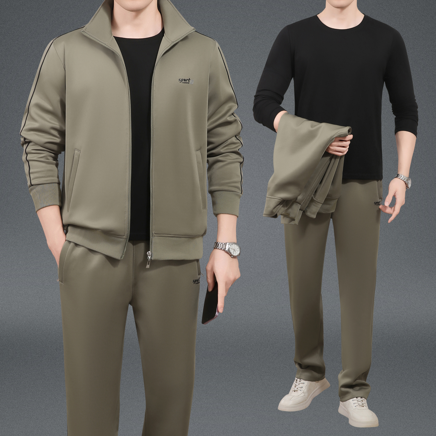 春秋款新品中老年男士爸爸装南韩丝开衫三件套外套跑步运动服套装