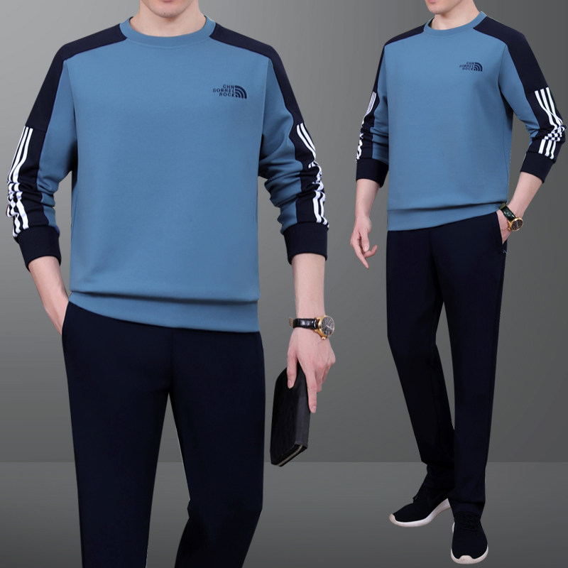 春秋款中年男士爸爸装棉质长袖圆领套头两件套卫衣跑步运动服套装