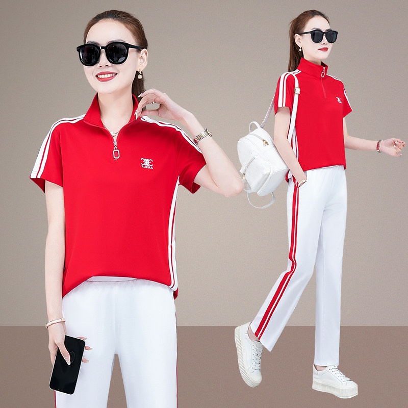 夏天季团体女士棉短袖体恤白色长裤大码两件套广场舞服运动服套装