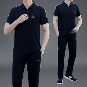 正品夏季中老年男士父亲装棉翻领短袖体恤长裤大码跑步运动服套装