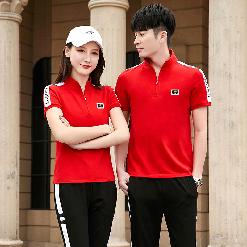 夏天季新款青年男士立领半开衫短袖长裤团体情侣款跑步运动服套装