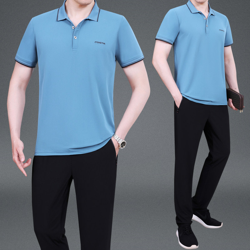 夏天季新品中老年男士父亲装薄款冰丝翻领短袖长裤跑步运动服套装