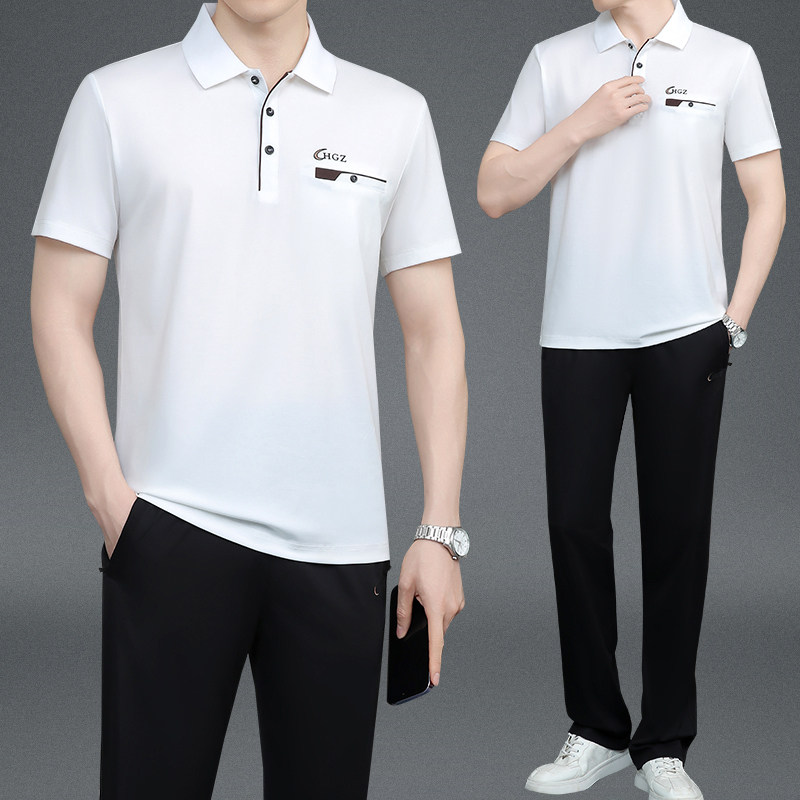 夏季款中老年男士父亲爸爸装棉质翻领短袖体恤长裤跑步运动服套装