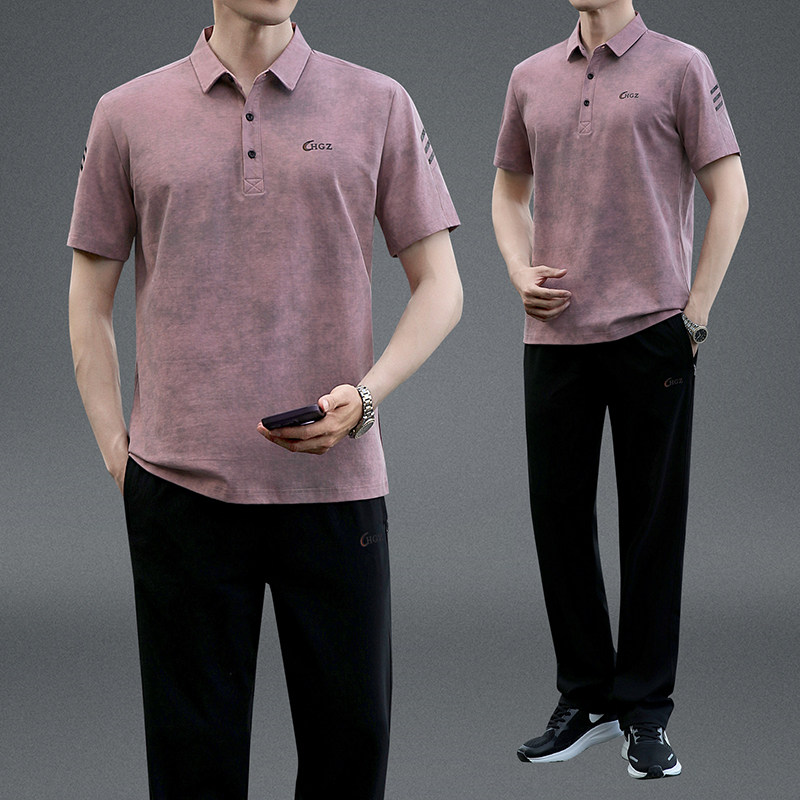 夏季新品中老年男士父亲爸爸装棉短袖长裤大码健身跑步运动服套装