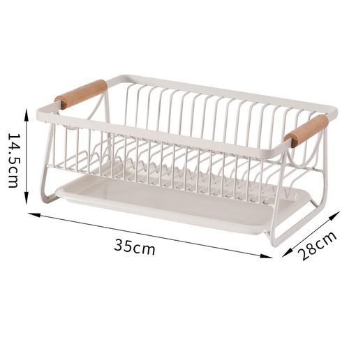 日式铁艺桌面碗盘收纳架家用沥水架奶白色木柄厨房餐具收纳置物架