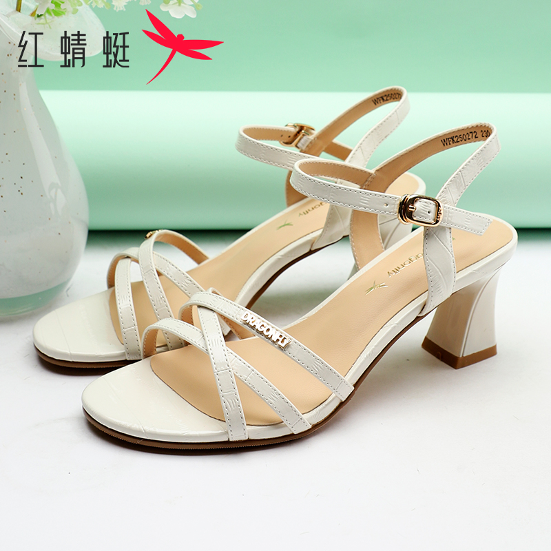 红蜻蜓女鞋2025夏季新款一字带法式气质高跟鞋时尚百搭粗跟女凉鞋