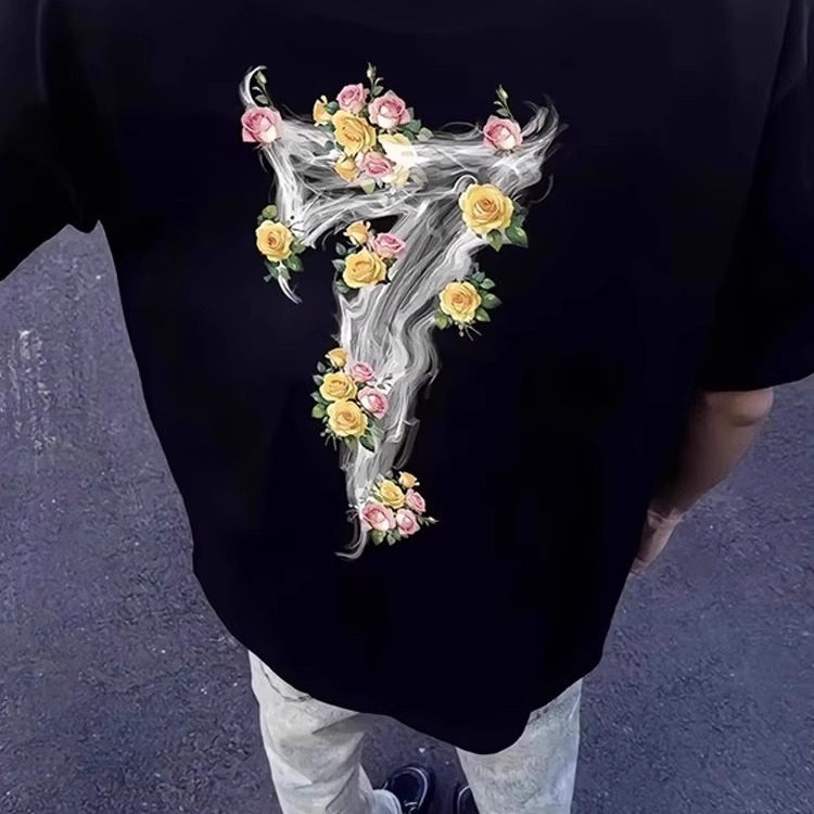 欧美高街花卉字母7印花短袖男款潮牌黑色插肩t恤内搭打底情侣半袖图片