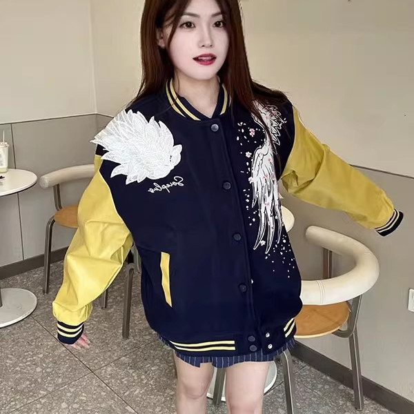 美式高街翅膀立体羽毛刺绣棒球服外套女春秋季宽松百搭情侣款夹克
