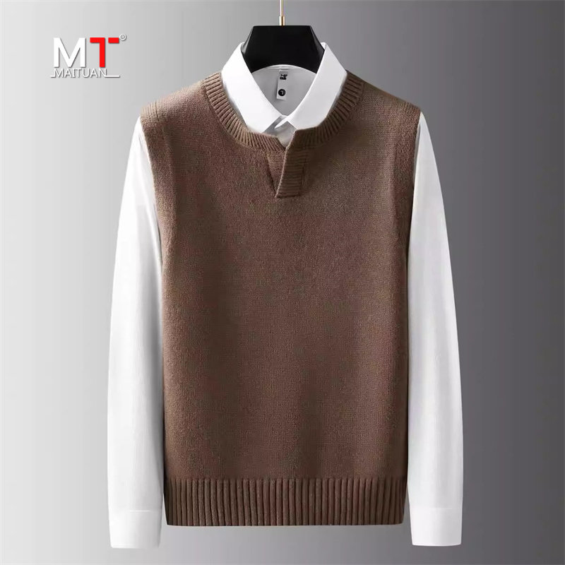 高端羊毛背心男士春秋高级感纯色V领休闲无袖毛衣针织衫马甲男款