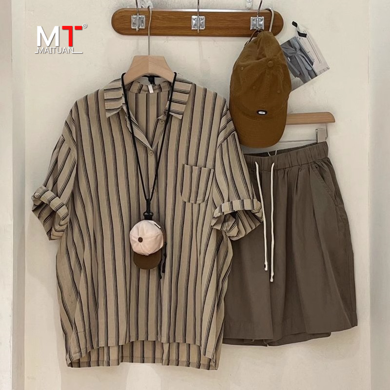 高端夏季冰丝休闲套装男士2025新短袖条纹衬衫短裤男装搭配两件套