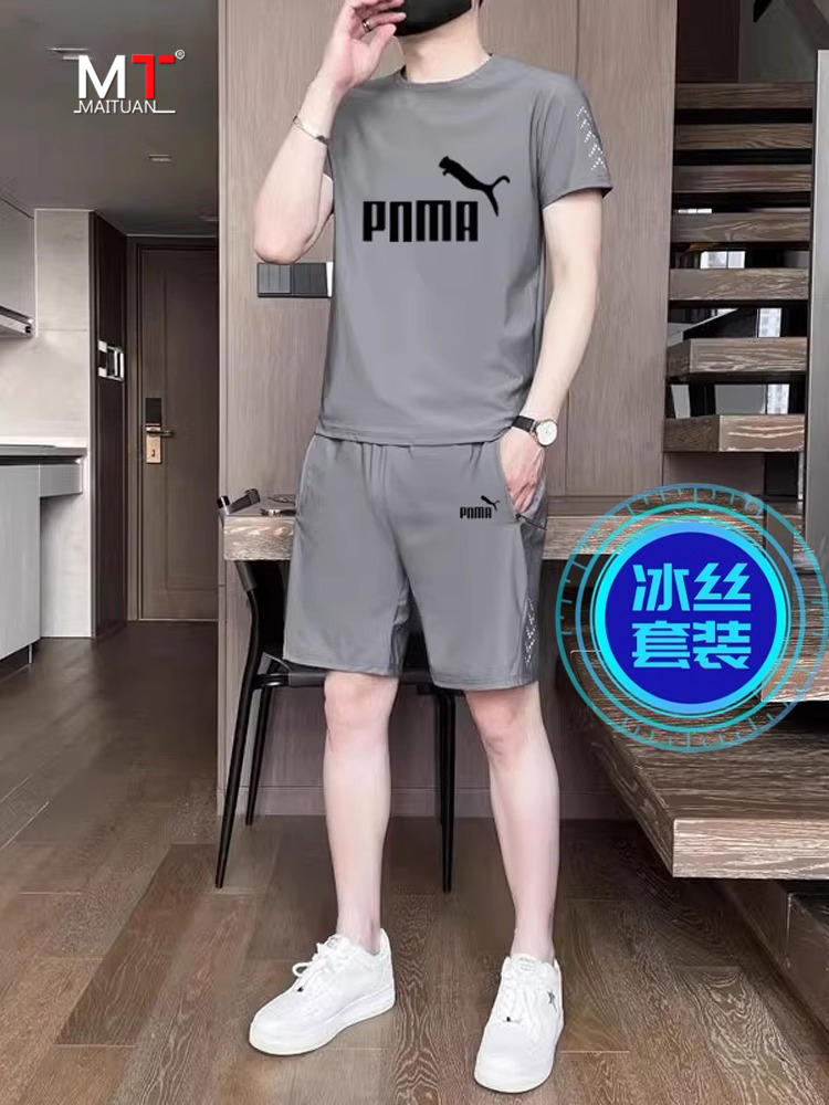 高端冰丝运动休闲套装男士2025新款夏季速干短袖短裤T恤大码男装