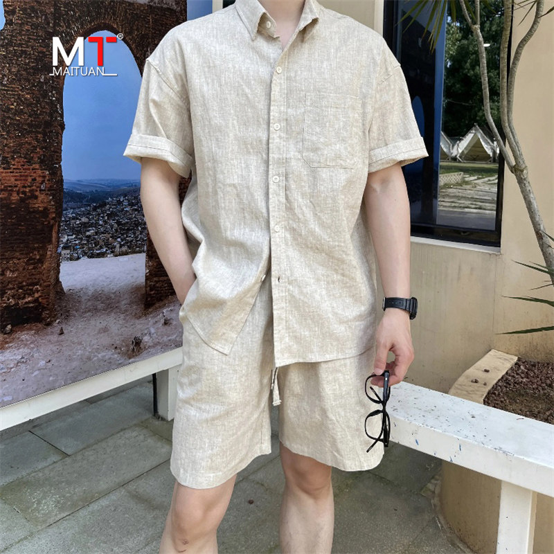 高端亚麻休闲套装男士夏季2026新款棉麻短袖衬衫搭配短裤痞帅男装