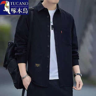 男士 百搭衬衫 高档纯色商务休闲宽松外套上衣 翻领时尚 啄木鸟春秋季