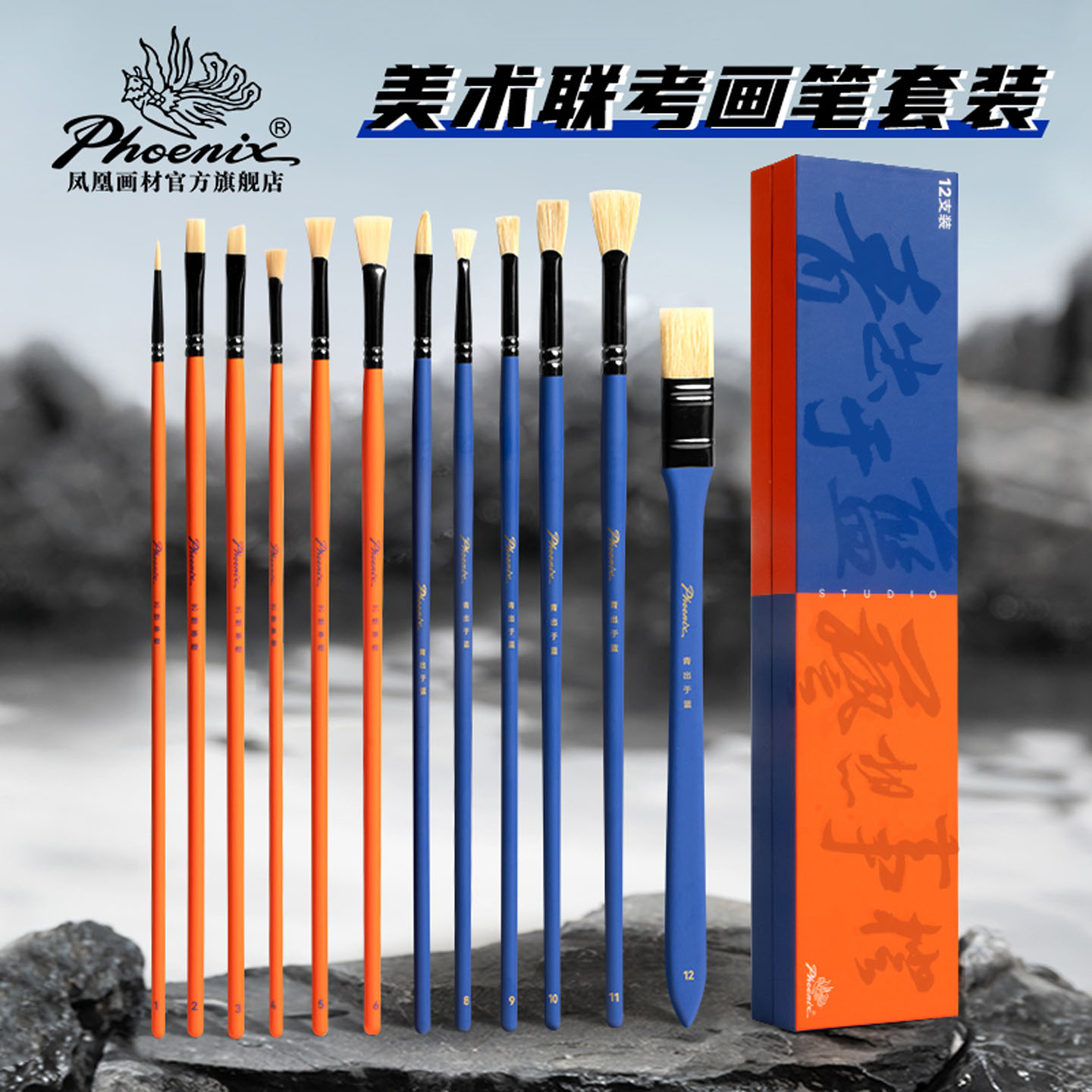 凤凰画材水粉笔美术生专用套装丙烯油画猪鬃扇形笔尼龙画笔刷平峰勾线笔描边手绘多型号色彩笔艺考联考