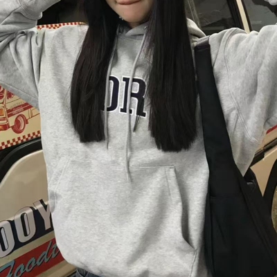 新纯棉华棉复合薄款320克/加绒420克布面+手感印花宽松连帽卫衣女