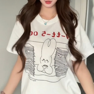 t恤上衣女 高品质纯棉200克精梳紧密100%棉直播同品前印花宽松短袖