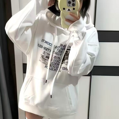 新纯棉华棉复合薄款320克/加绒420克布面+手感印花宽松连帽卫衣女
