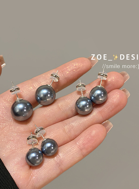 施家珍珠925纯银耳钉高级感麻灰色耳环女冷淡风气质简约耳环耳饰