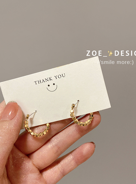 金色小方糖耳环女欧美冷淡风s925纯银耳钉耳扣法式耳圈小圆圈耳饰