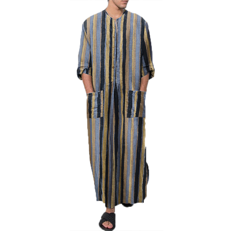 Man Half Sleeve Striped Long Shirts Men Casual Long Robes