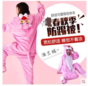 出口网红粉红豹连体睡衣男女情侣珊瑚法兰绒家居服可爱动物演出服