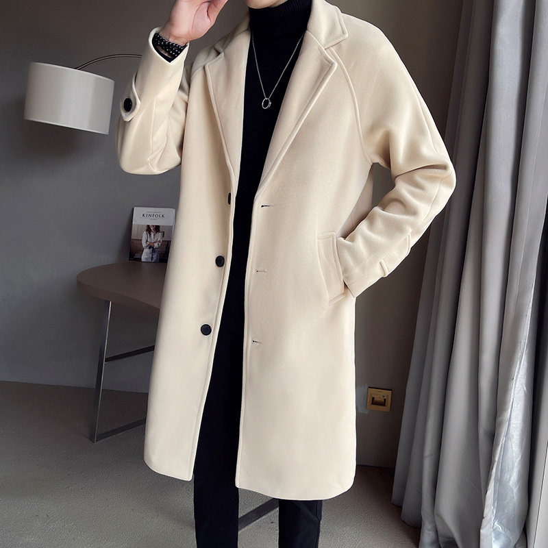TWEED TRENCH COAT MENS MID-LENGTH AUTUMN AND WINTER SOLID COLOR VERSATILE PADDED COAT TREND LOOSE AND LONG WOOLEN COAT