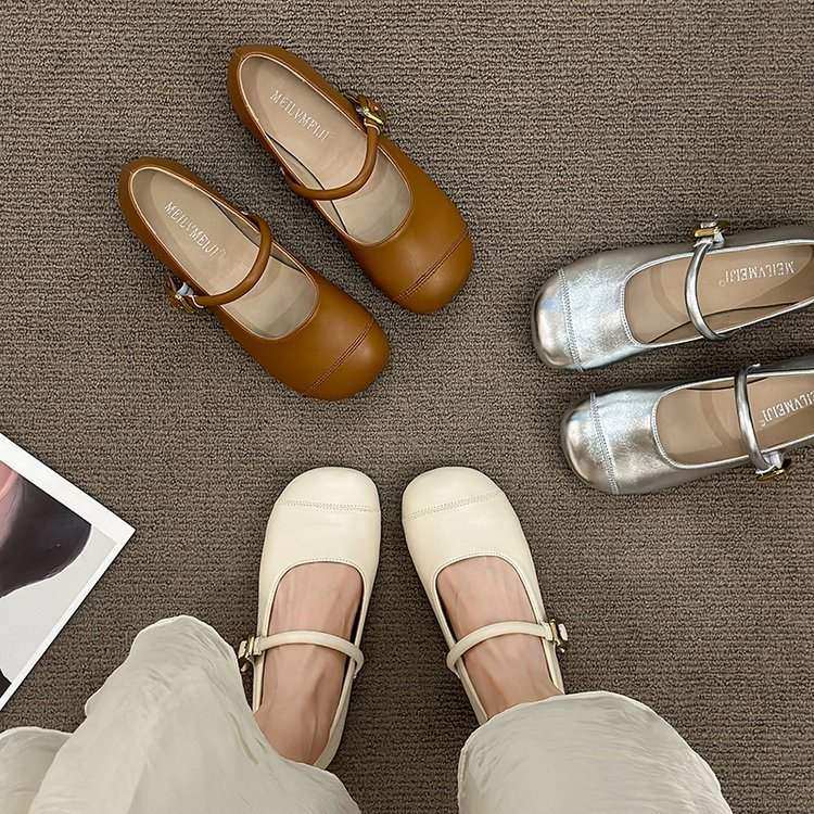 复古圆头浅口玛丽珍鞋女2024春秋新款一字带法式低跟单鞋女奶奶鞋