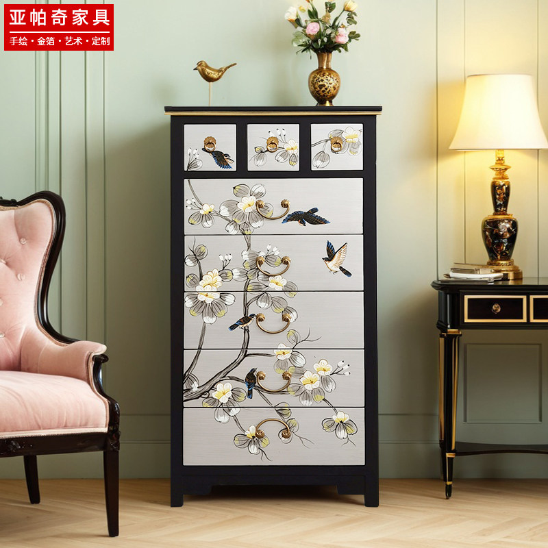 法式中国风手绘花鸟实木斗柜客厅储物柜新中式装饰柜卧室收纳柜子