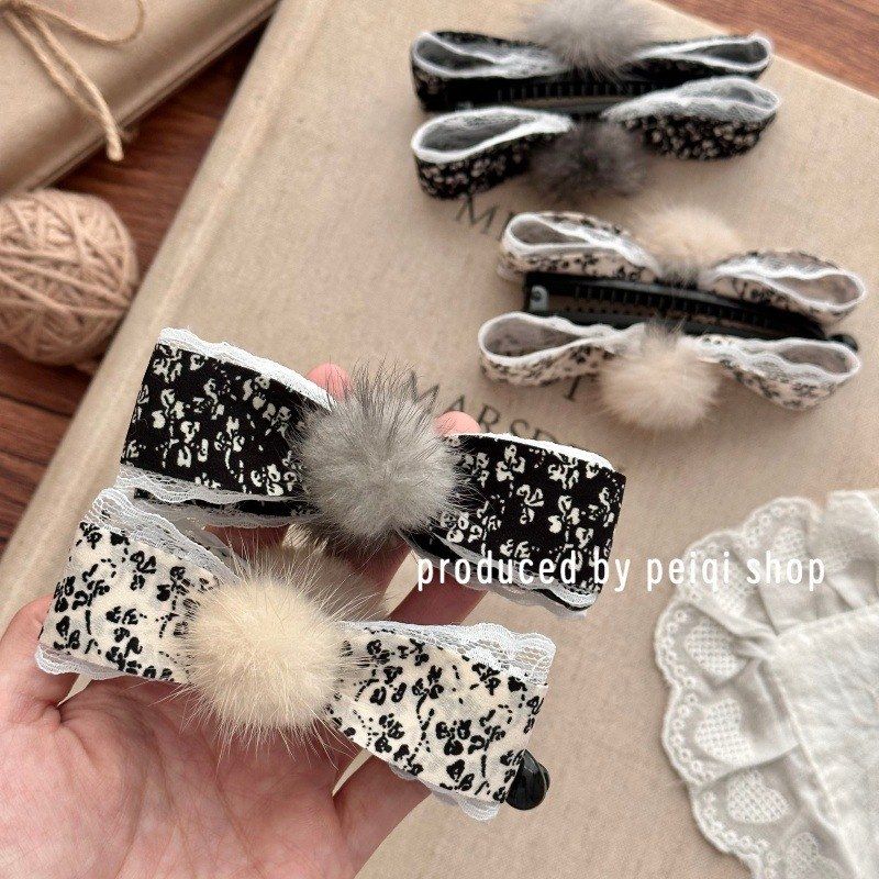 韩系复古森系蝴蝶结小碎花侧边夹新款毛球发夹前额碎发刘海夹发饰