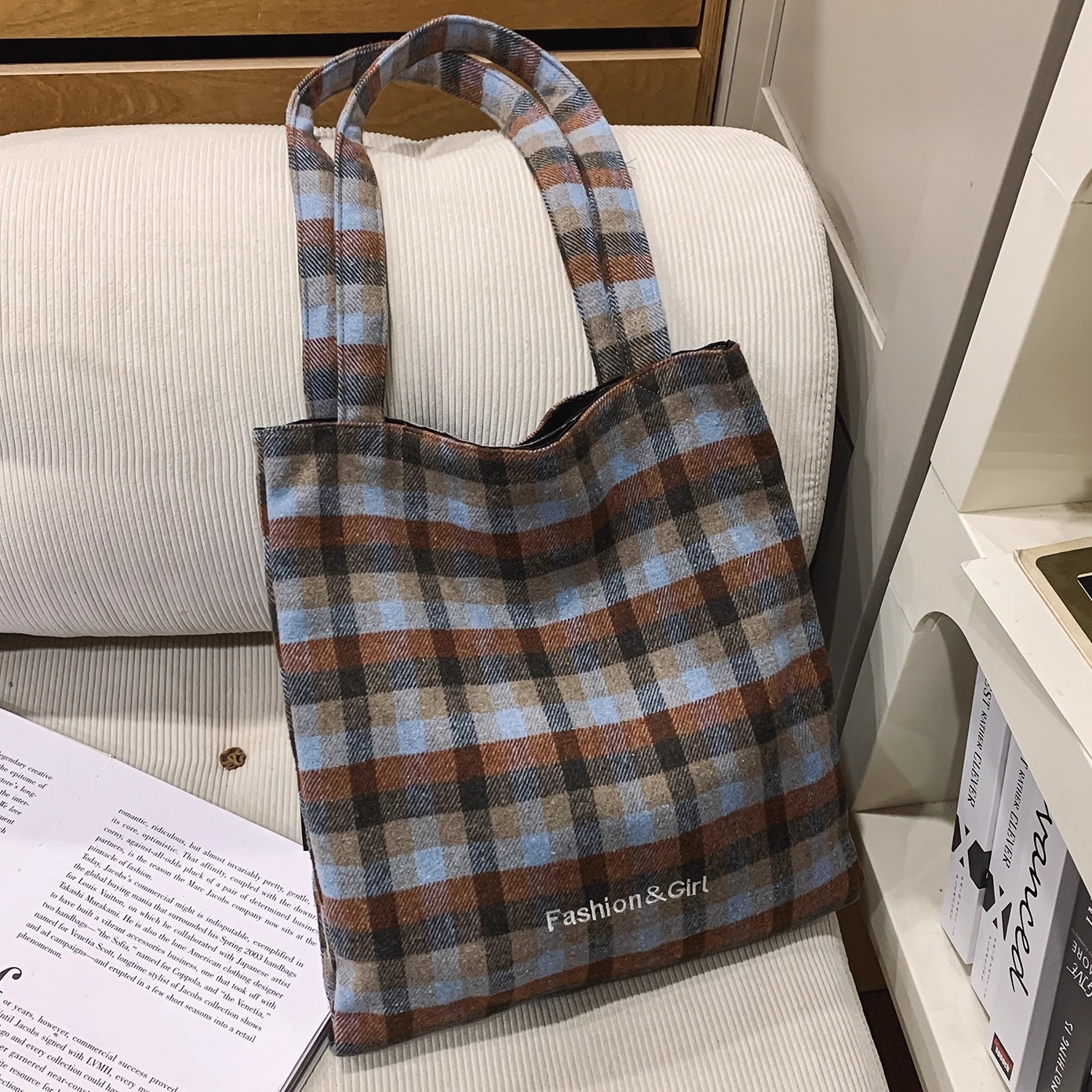 日韩风通勤格子毛呢单肩托特大包