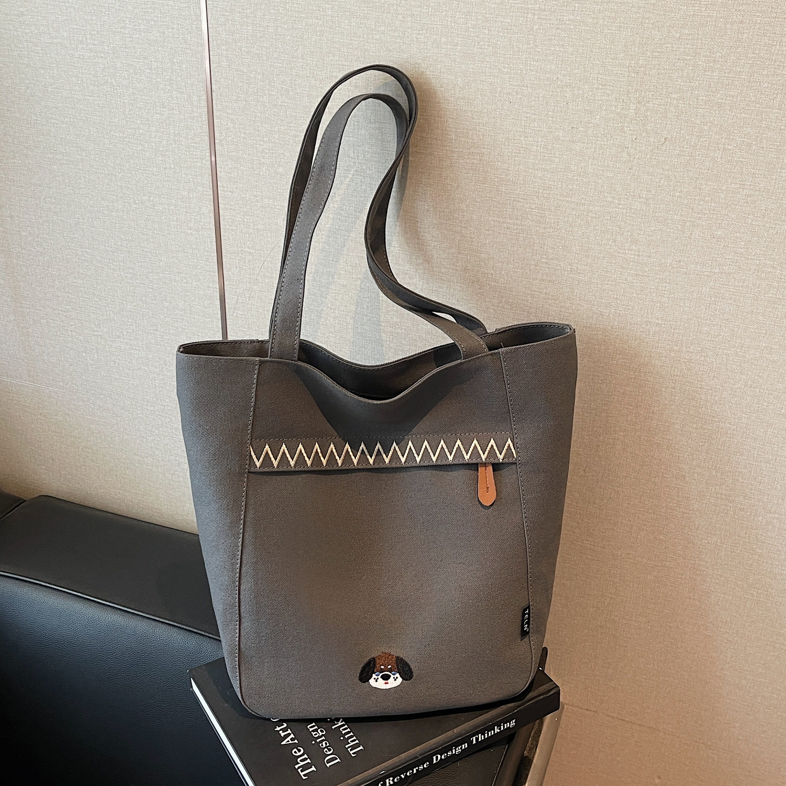 大容量刺绣帆布单肩托特包