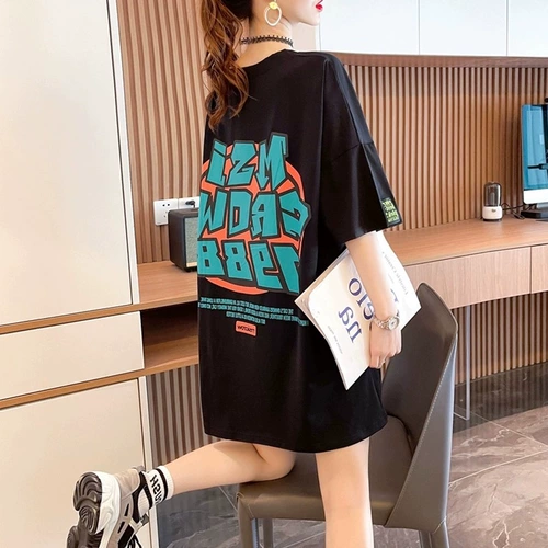 Белая длинная футболка с коротким рукавом, коллекция 2022, в корейском стиле, средней длины