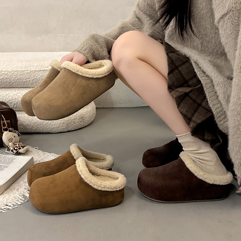 羊羔绒圆头深口加绒勃肯鞋女外穿小个子内增高秋冬保暖丑萌雪地鞋