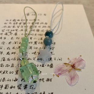 ouswa原创-蓊郁葱翠-翡翠天然石琉璃水晶短款手工包挂手机链挂绳