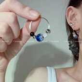 手工琉璃黑玛瑙清冷925银耳环 雨打蓝眼草 ouswa原创 蓝色夏晚