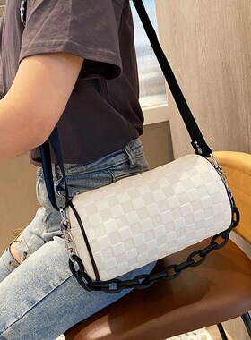 新款2026时尚高档菱格真皮圆筒包女包手提包高级感百搭单肩斜挎包